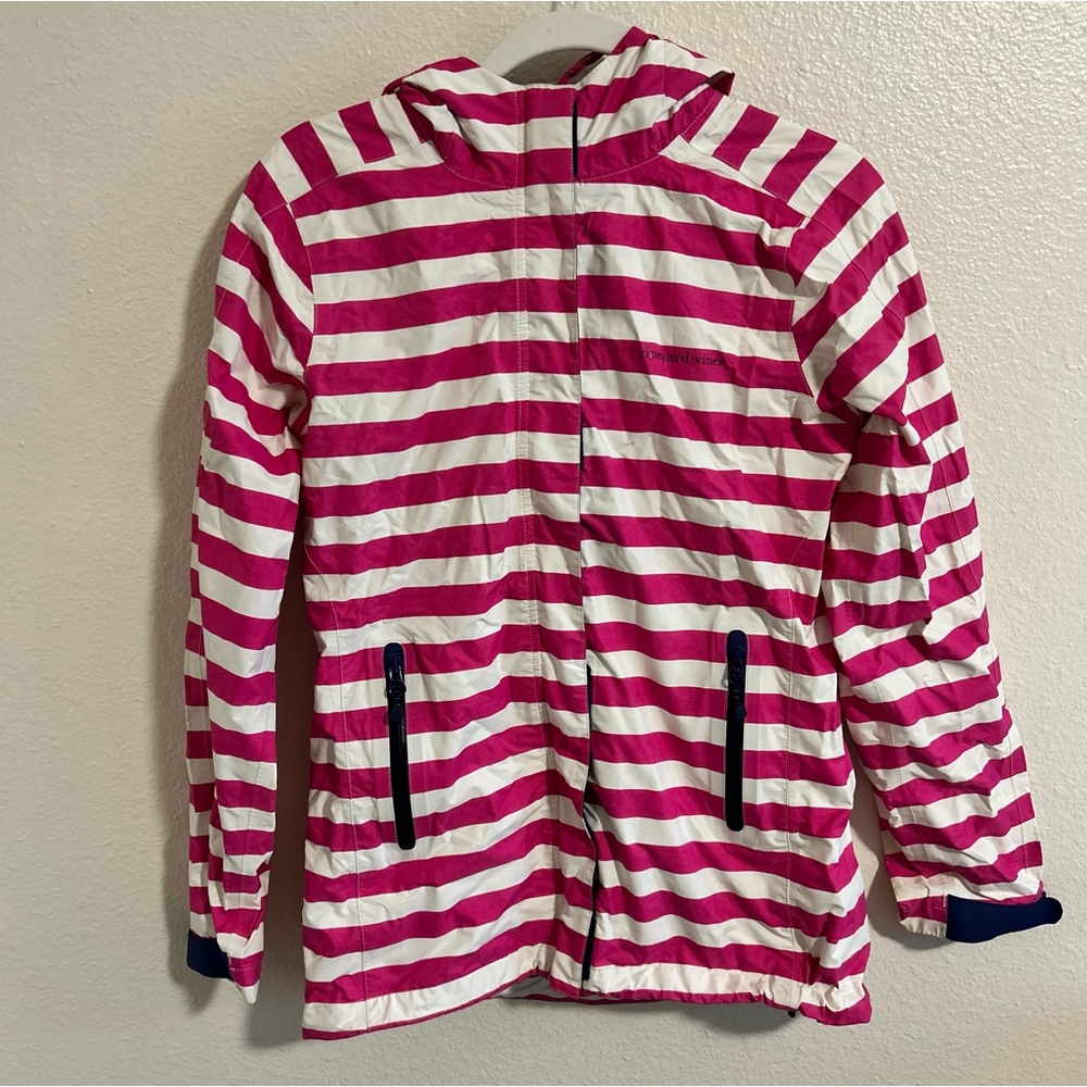 Vineyard Vines pink and white striped rain coat
